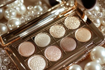 elegant glittering eyeshadow palette displayed on a luxurious pearl surface with sparkling accents