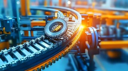 Poster - Automated Conveyor System Transporting Aluminum Parts in Efficient Factory Production Line  Metallic Components Being Transported on Industrial Machinery