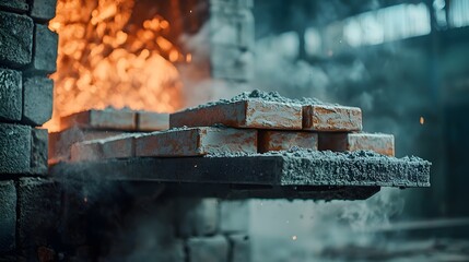 Poster - Automated conveyor belt system transporting a continuous flow of glazed ceramic tiles through an industrial kiln for the manufacturing and production of ceramic goods