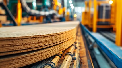 Leinwandbilder - Automated conveyor belt transporting finished plywood panels in a modern industrial manufacturing facility  Streamlined production and logistics process for wood based construction materials