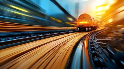 Poster - Blurred motion image of a high speed conveyor belt rapidly transporting finished plywood panels in an industrial manufacturing setting  The image conveys a sense of efficiency productivity