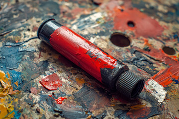 Closeup of old oil paint tube with red colour lying on dirty artistic palette ,background for creative art design.