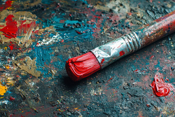 Closeup of old oil paint tube with red colour lying on dirty artistic palette ,background for creative art design.