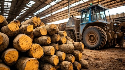 Poster - Cassava roots piled high in a large industrial warehouse ready for international export and distribution  This starchy tropical crop is a vital agricultural commodity and staple food in many regions