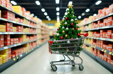 Wall Mural - decorated christmas tree in a shopping cart