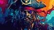 © Racelleo - A stylized portrait of a pirate with a single eye patch, a long beard, and a pirate hat with a skull and crossbones.