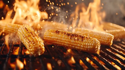 Roasted corn on the cob being cooked over an open flame, showcasing a beautifully browned surface with visible grill marks and flame-touched kernels.