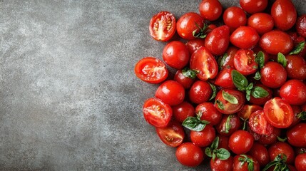 A vivid close-up of ripe cherry tomatoes with fresh basil leaves arranged on a textured grey background, highlighting natural freshness and culinary appeal.