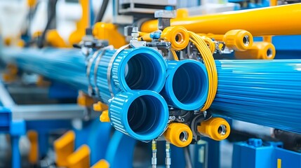 Poster - Close up view of an industrial extrusion machine manufacturing PVC pipes for construction infrastructure and plumbing applications  The machine is equipped with various components
