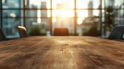 A sunlit conference room features a polished wooden table, chairs, and a cityscape view through large glass windows, creating a professional, warm atmosphere.