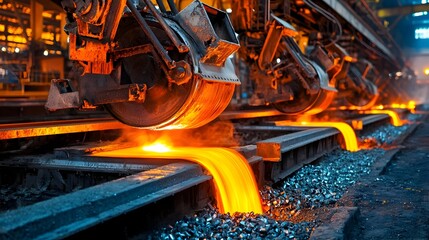 Leinwandbilder - Close up view of molten aluminum being poured from a hot furnace into metal molds at an industrial manufacturing facility  The liquid metal flows in a dynamic