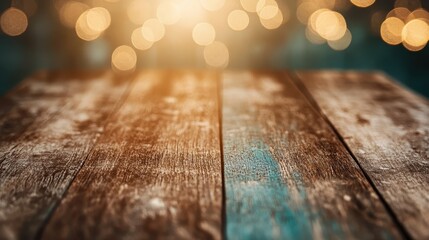 A rustic wooden table surface with twinkling ambient lights in the background offers a warm and inviting atmosphere, perfect for gatherings and reflections.