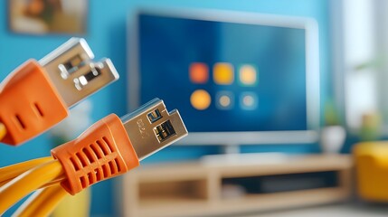 Poster - Close up view of various cables and ports connected to the backside of a modern smart television display device
