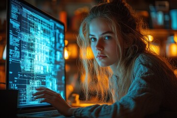 Poster - Young Woman Working on Laptop with Blue Code on Screen
