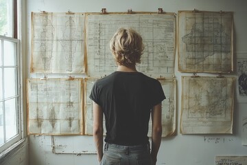 Person in Black T-shirt Standing Before Architectural Blueprints