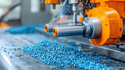 Leinwandbilder - Closeup view of PVC plastic granules being melted and extruded into pipe or tubing shapes on an industrial manufacturing machine or equipment in a factory workshop setting