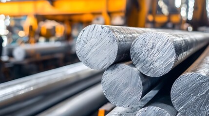 Closeup view of hot molten aluminum billets or ingots emerging from a large industrial casting machine inside a metal manufacturing facility or workshop