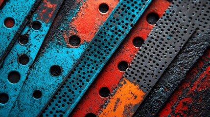 Poster - Closeup view of intricate perforated aluminum sheets or panels used in ventilation and HVAC systems for buildings