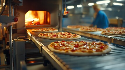 Poster - Conveyor Belt Transporting Freshly Baked Pizzas Through an Industrial Oven in a Commercial Food Production Facility for Efficient Delivery and Packaging