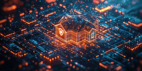 Poster - A glowing wireframe house with a shield icon on a digital network.