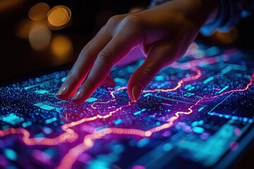 Aufkleber - A Hand Interacting with a Digital Interface Displaying Glowing Lines and Data