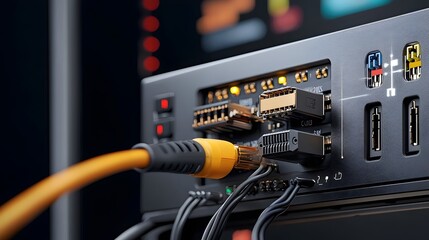 Poster - Detailed Close up Shot Showcasing the Intricate Web of Cables and Ports on the Rear Panel of a Modern Smart Television Set