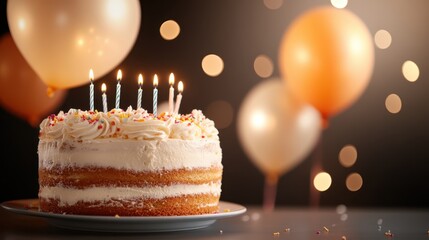 A naked cake with icing swirls and lit birthday candles is highlighted against a warm bokeh background, adding a cozy and celebratory touch to any occasion.