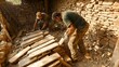 © thanarak - A group of workers carefully arranging raw clay slabs in an organized manner within an industrial workshop preparing for the efficient production of ceramic tiles