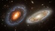 © logyartstudios - Two spiral galaxies, one with a bright orange core, the other with a brighter white core, against a black background of distant stars.