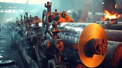 Aufkleber - Aluminum metal sheets being rolled and processed through large industrial machinery and equipment in a manufacturing facility or factory workshop setting