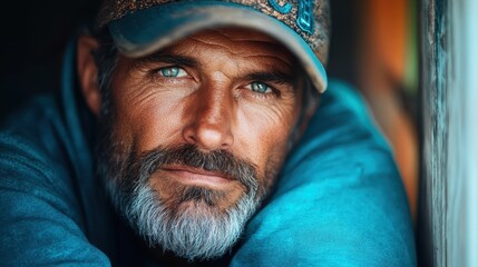 A rugged bearded man dressed in a cap and casual attire looks contemplative, capturing the essence of thoughtfulness and introspection.