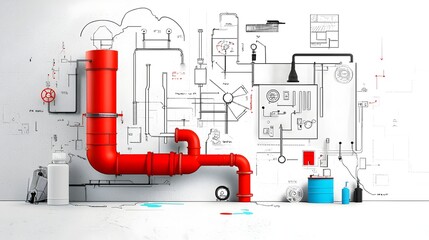 Poster - Detailed schematic diagram showcasing the intricate plumbing system design using PVC pipes including various fittings valves and connections for industrial construction or infrastructure applications