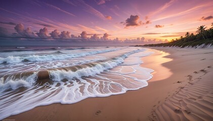 Turquoise blue waters calmly hit the shoreline as the sunset casts purple and orange colors in the sky