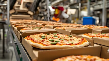 Leinwandbilder - Efficient Conveyor System Packaging Frozen Pizzas in Retail Ready Boxes for Supermarket and Grocery Store Shelves  Automated Food Production and Packaging Process for Consumer Consumption