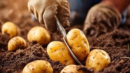 Farmer digging up freshly grown potatoes from the soil using a hand spade on a rural agricultural field  Concept of organic farming healthy harvesting and manual cultivation of vegetable crops