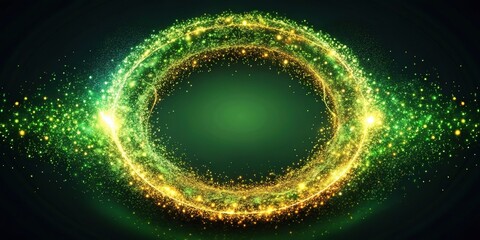 Abstract green energy torus emitting particles, light rings, glow, flash, gold close-up