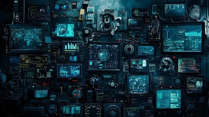 Poster - Futuristic digital control room with a wall of multiple TV screens high tech interfaces data displays and various electronic controls and panels  Cyberpunk inspired sci fi workspace with a complex