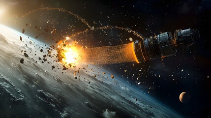 Poster - Futuristic spacecraft deploying a large net to sweep and capture space debris floating in orbit helping to clean up the space environment and promote sustainability of space and technology