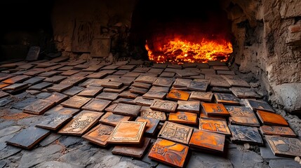 Aufkleber - Glowing industrial kiln with bright red tiles being fired at high temperatures for ceramic manufacturing and production  Intense heat energy and industrial machinery in an abstract background