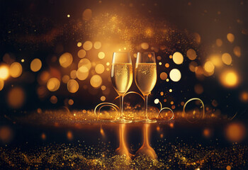 two champagne flutes filled with sparkling wine sit on a table with a dark background and sparkling 