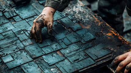 Poster - High pressure industrial press machinery shaping uniform and consistent geometric tile patterns for large scale manufacturing construction and architectural applications
