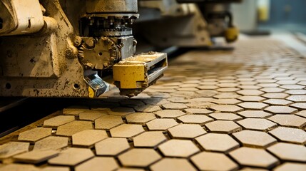 Aufkleber - High pressure industrial press shaping uniform patterns on tiles for construction and architectural materials manufacturing