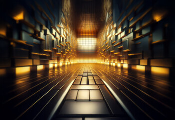 Poster - A long, narrow corridor with a gleaming, metallic surface and illuminated by warm, golden lights.