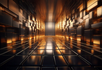 Poster - A glowing hallway with a reflective tiled floor and a warm, golden light shining from the end.