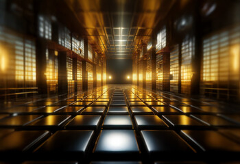 Poster - A long, dark corridor with a shiny, tiled floor reflects the warm light from the overhead fixtures.