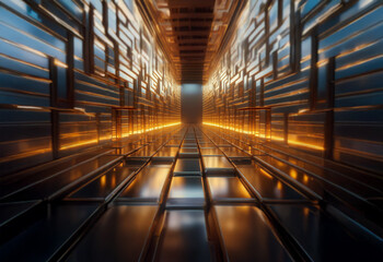 Poster - A glowing, futuristic tunnel with a sleek, metallic, tiled interior.