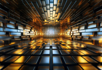 Poster - A 3D rendering of an abstract tunnel made of metallic blocks with a glowing light at the end.