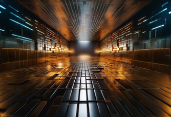 Poster - A long, reflective corridor with a bright light at the end, lined with glowing panels.