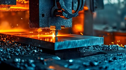 Leinwandbilder - Hydraulic metal sheet press machine in action at an industrial manufacturing facility shaping and forming steel sheets into various products or parts through a high pressure stamping process