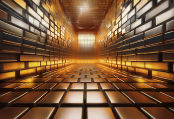 Aufkleber - An empty hallway with glowing square tiles on the walls and floor.  A bright light shines at the end of the hallway, casting a warm glow.